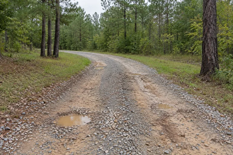 Example gravel driveway before restoration with low spots and standing water