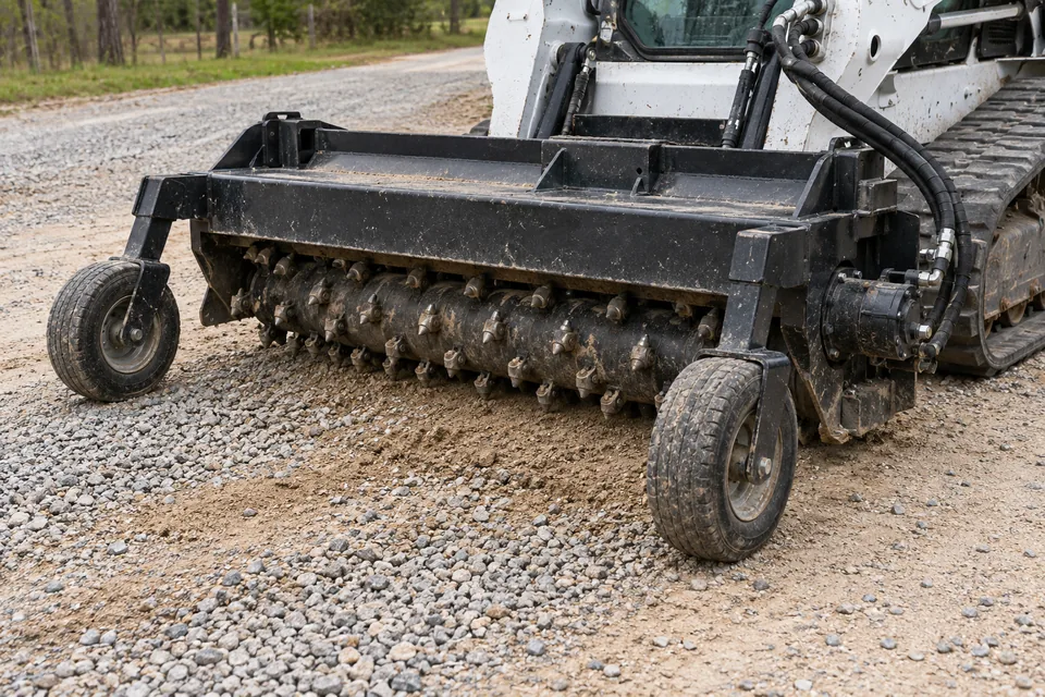 Power box rake attachment with rotating drum and gauge wheels