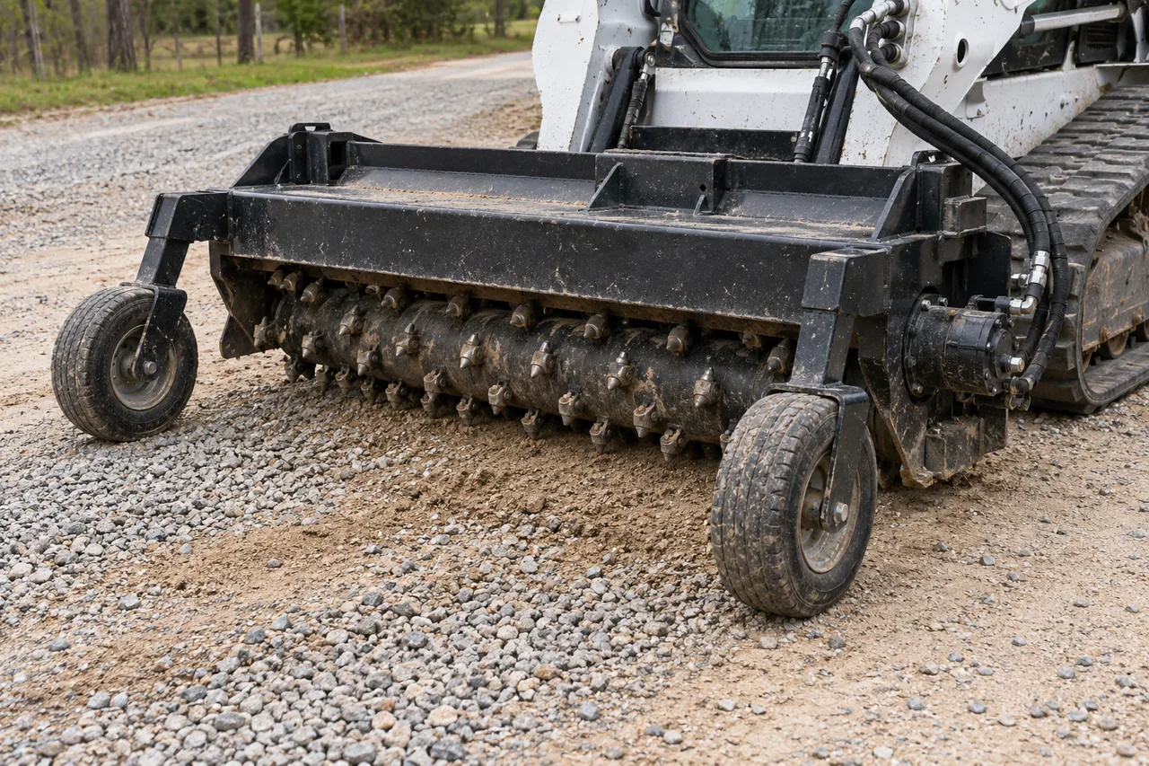 Power box rake reclaiming and reshaping gravel on a driveway