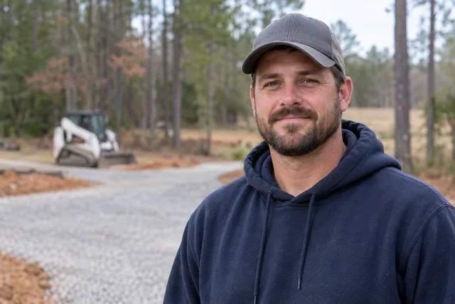 Travis Hale standing beside a gravel drive with a compact track loader