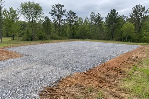 Level compacted building pad prepared for construction