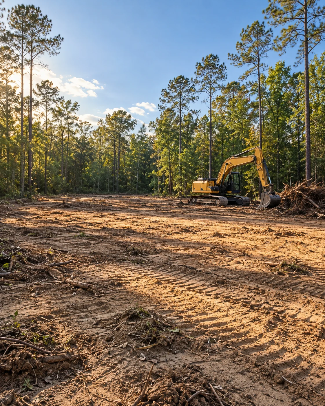 Excavator preparing cleared rural acreage