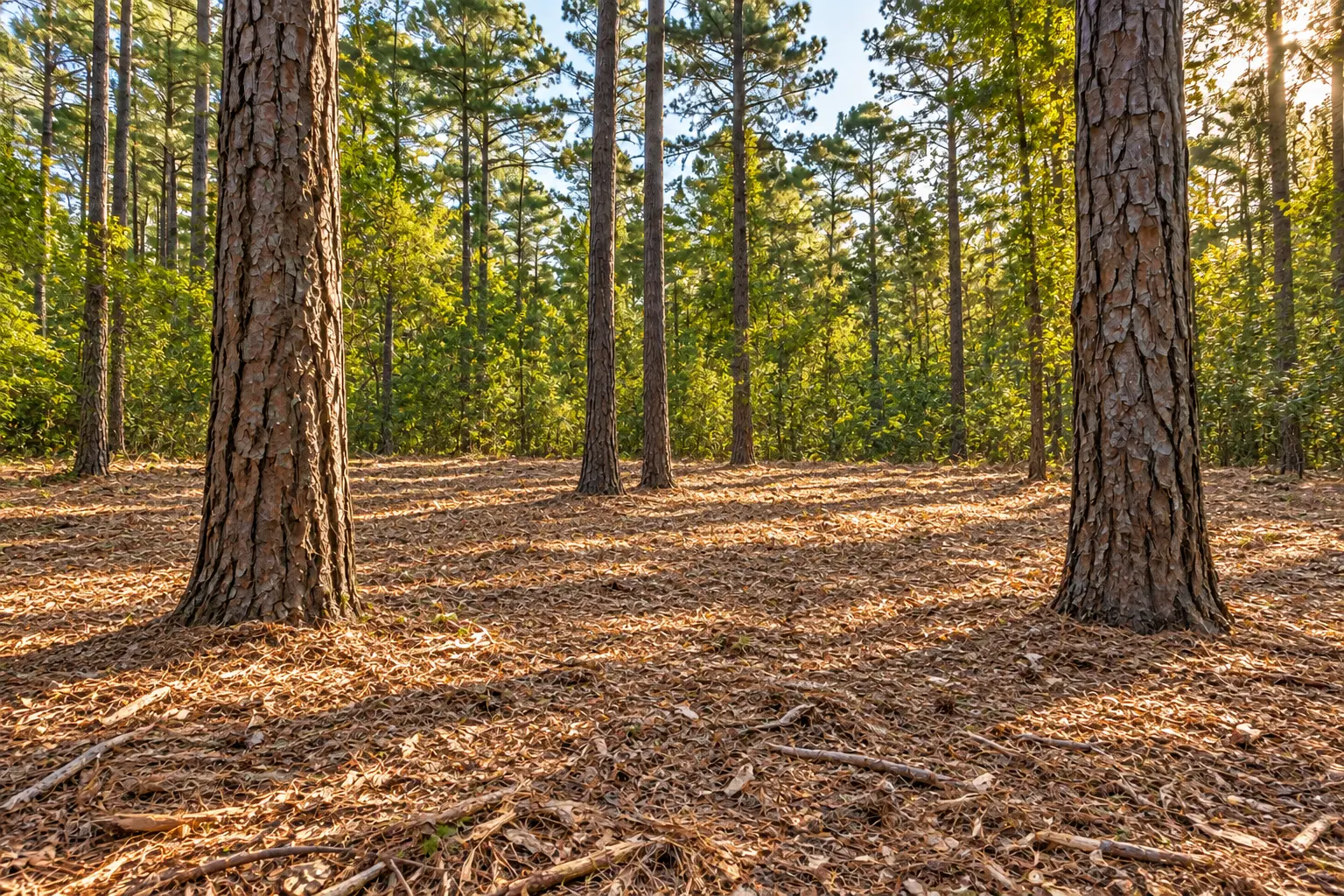 The same woodland opened beneath mature pine trees after forestry mulching