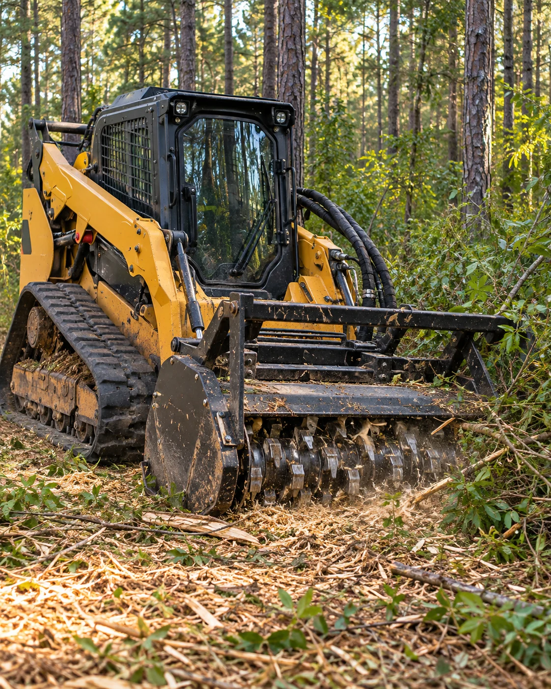 Forestry mulcher clearing dense pine understory