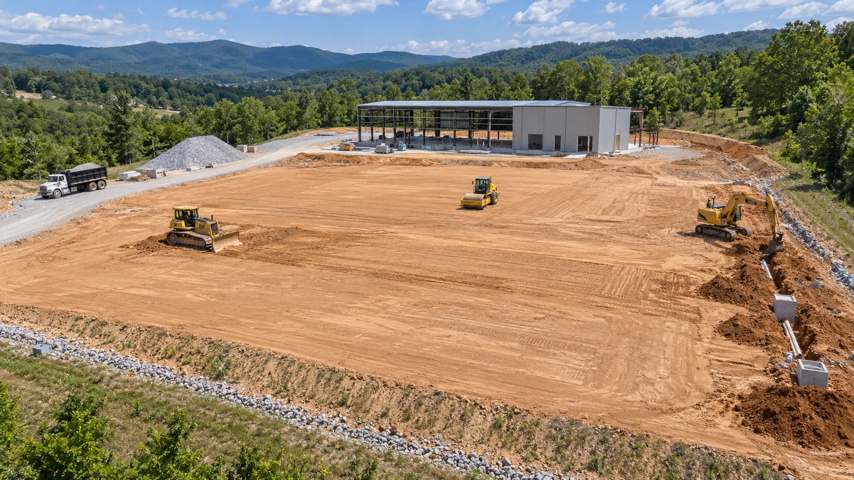 Excavators and dozers grading a light-commercial construction site