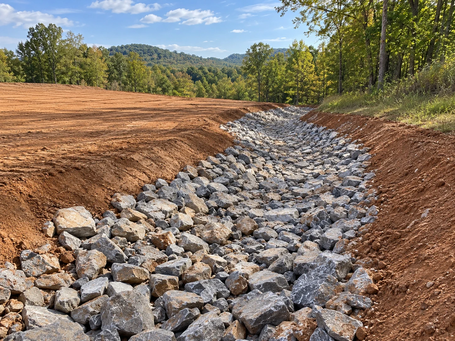 Stone-lined drainage swale beside a freshly graded site