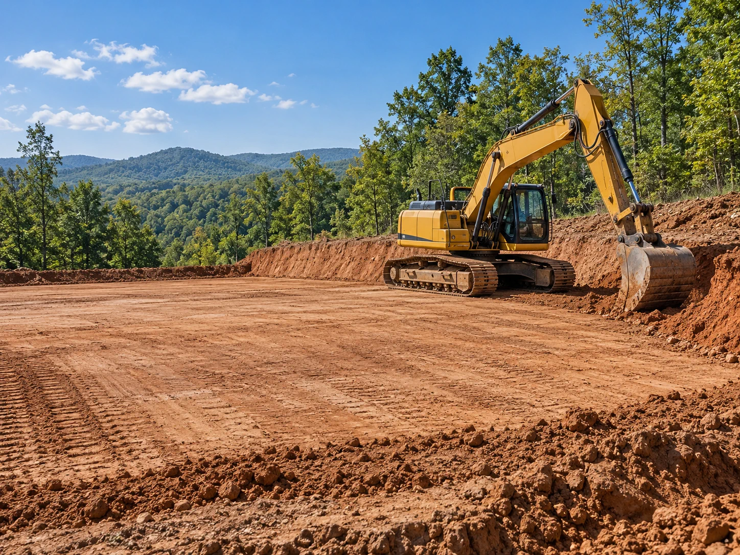 Excavator shaping a level construction pad in wooded foothills