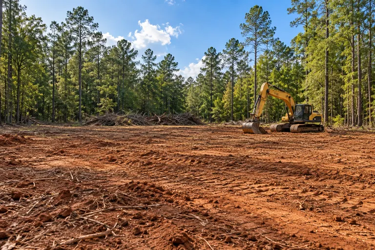 Excavator on newly cleared red-clay acreage