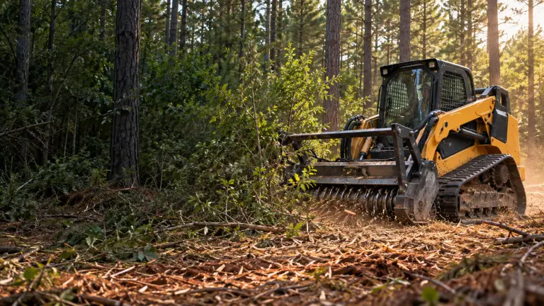 Tracked forestry mulcher clearing thick brush in Southern pine woods