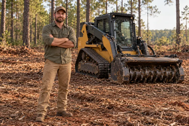 Pinebarrow owner standing beside a tracked forestry mulcher