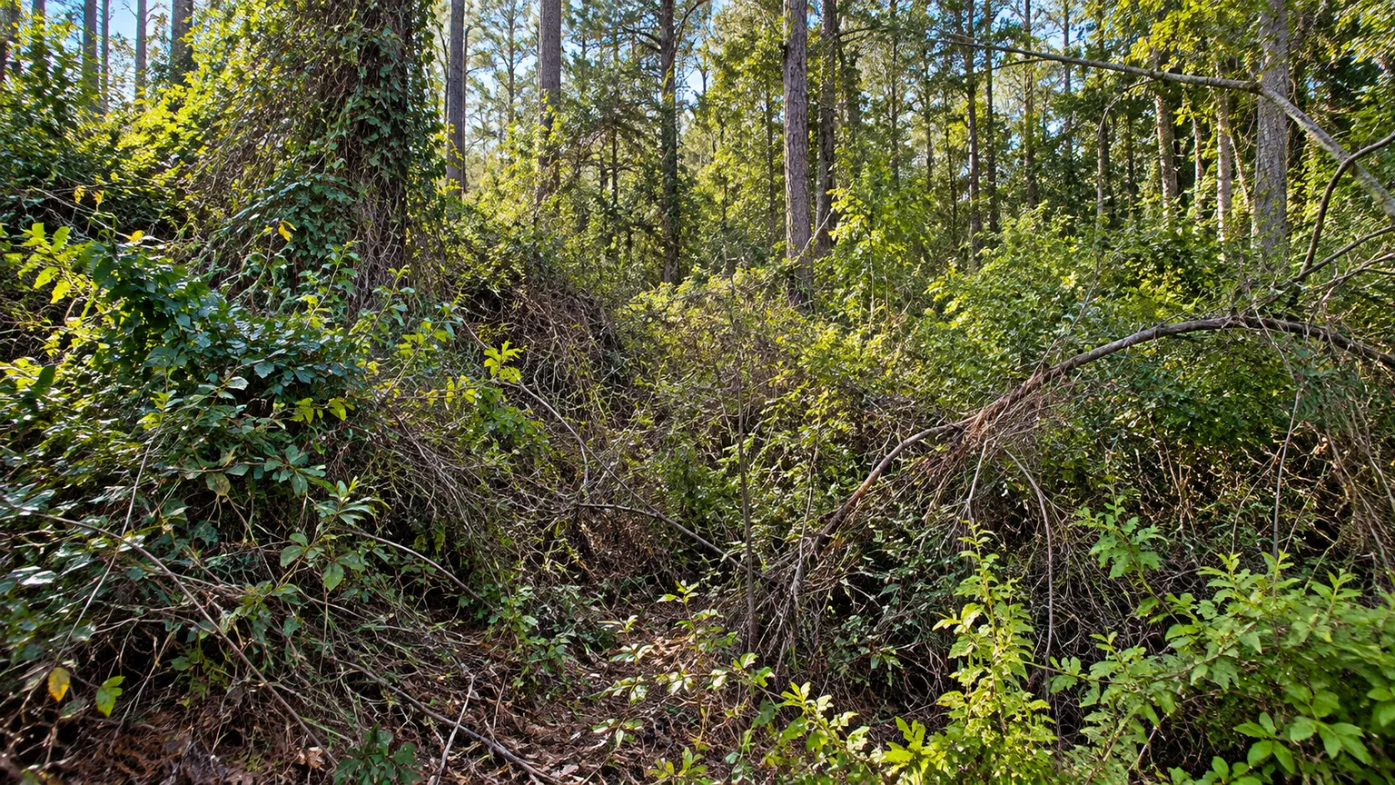 Dense vines and underbrush covering wooded acreage