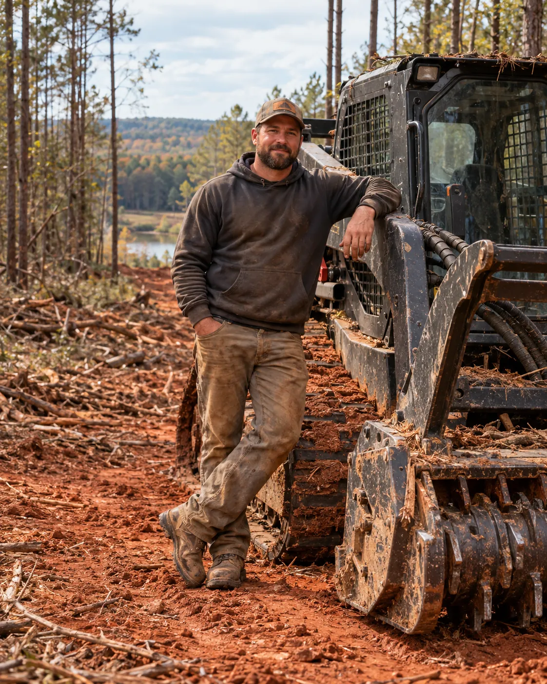 Concept portrait of Red Hollow owner Caleb beside forestry equipment