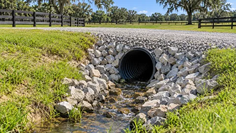 Culvert with stabilized stone inlet and grassy drainage swale