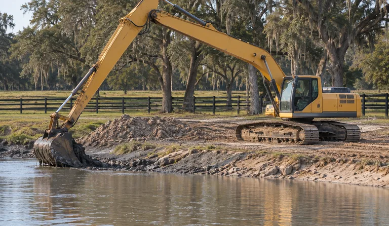 Long-reach excavator working beside a Florida pond