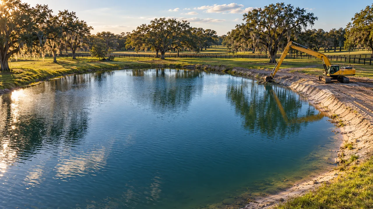 Excavator shaping the bank of a pond on oak-covered Florida acreage